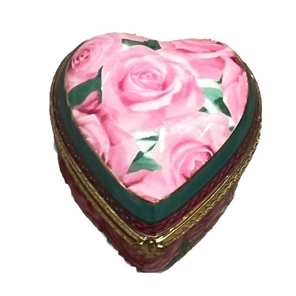 VTG HEART SHAPED Hinged Trinket Keepsake Dresser Box Hot Pink Roses Gold Trim